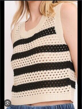 Sweet Generis Sleeveless Striped Crochet Knit Tank Top - Black & Cream Size Lg